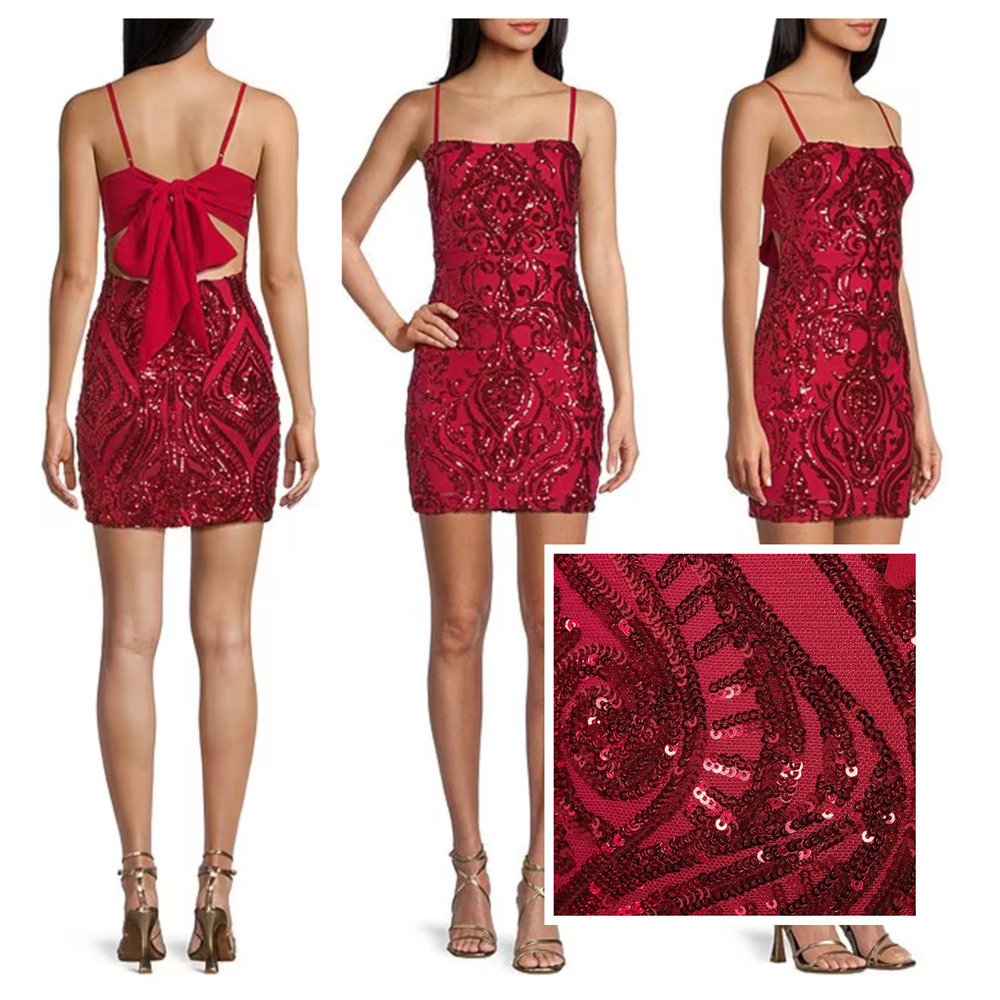 y2k Red Sequin Mini Dress 8 Strappy Bow Vamp Whimsical‎ Sultry Vamp Coquette Nwt